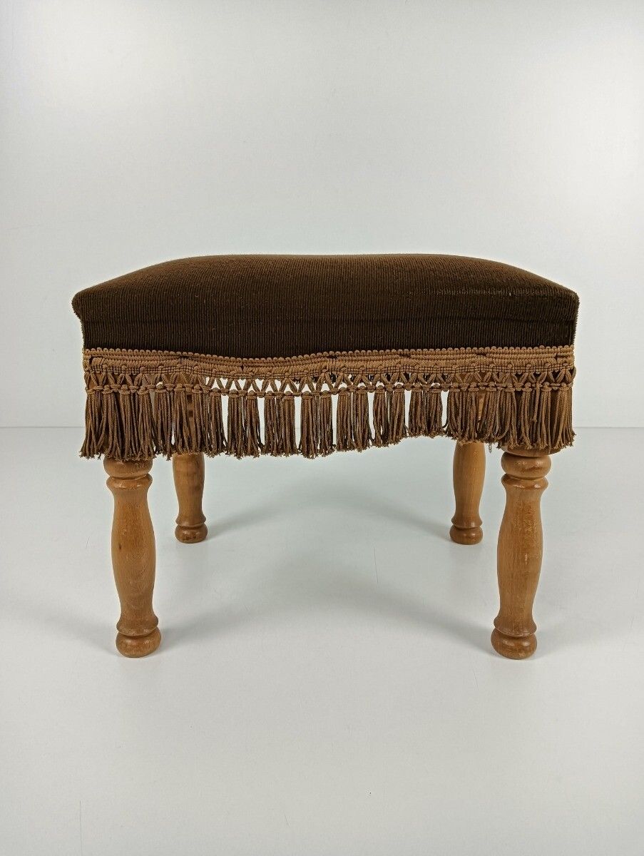 Vintage Foot Stool Ottoman Footstool Wood Brown  Velvet Fabric  Modernist Funky photo for sale