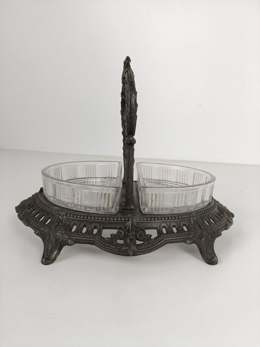 Art Nouveau Candy Dish Centerpiece Piece De Table Orfevrerie Marked Metal Glass photo 244.0