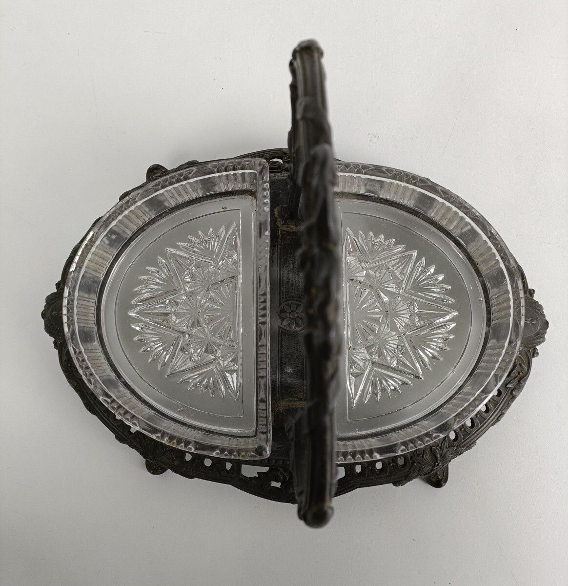 Art Nouveau Candy Dish Centerpiece Piece De Table Orfevrerie Marked Metal Glass photo vintage