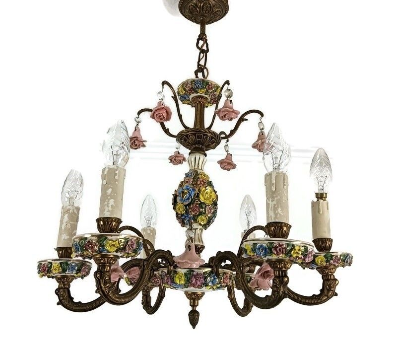 Italian Chandelier Porcelain Lots Of 3d Flowers Romantic Gorgeous Vintage 6 Llig
