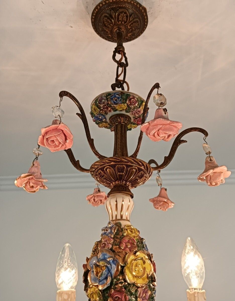 Italian Chandelier Porcelain Lots Of 3d Flowers Romantic Gorgeous Vintage 6 Llig photo Lighting
