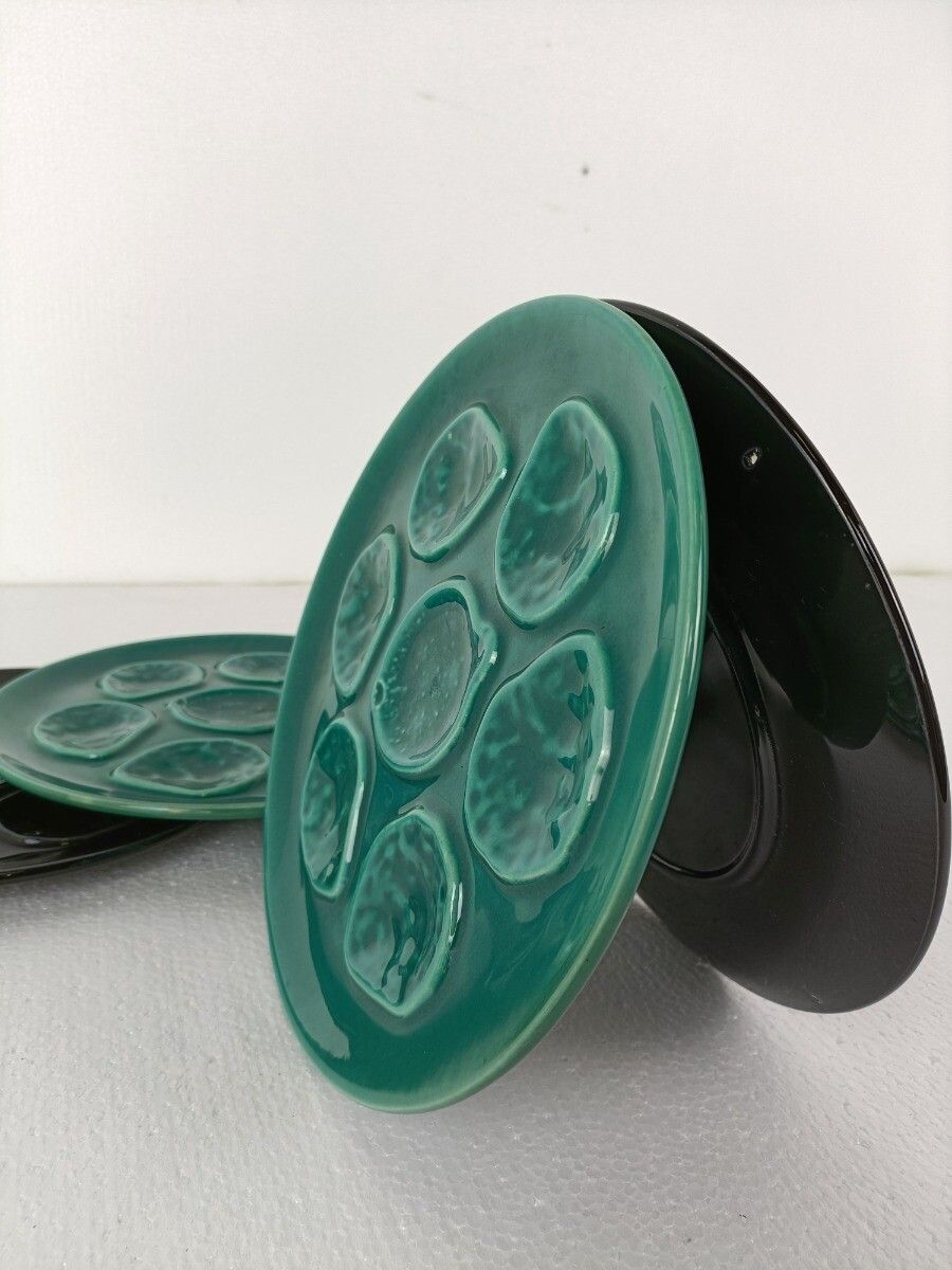 Set Of 6 French Oyster Plates Porcelain Pottery Faience Black And Green  Vintage photo 121.0
