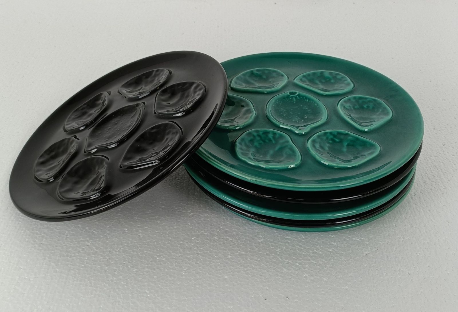 Set Of 6 French Oyster Plates Porcelain Pottery Faience Black And Green  Vintage photo vintage