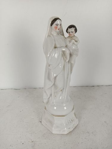 Antique 1900 Vieux Paris Porcelain Bisque Statue Virgin Mary Madonna With Infant photo Art