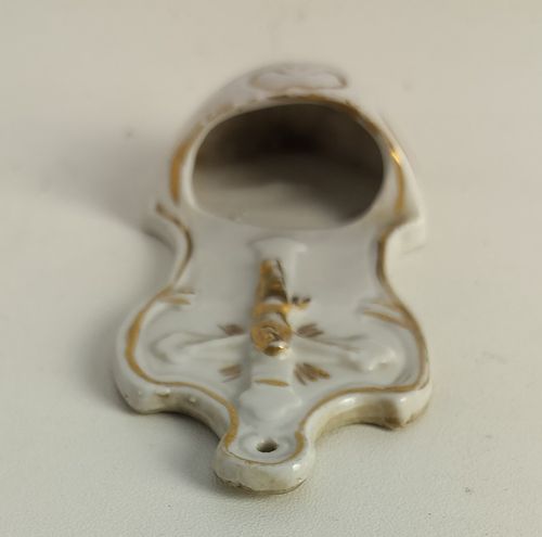 Small Antique Holy Water Font Vessel Bisque White Gold Touches Crucifixion Wall photo furniture