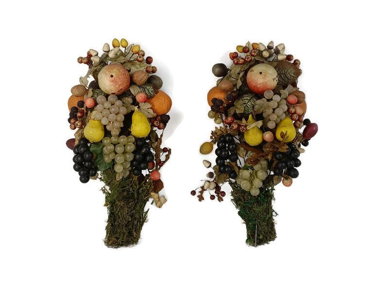 Pair Antique Hand Blown Fruit  Art Glass Boucquets Delicate Rare Centerpiece Dec
