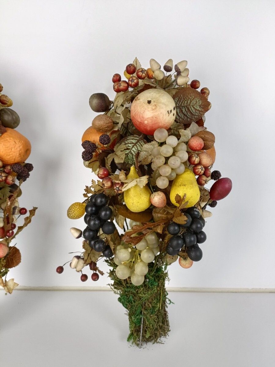 Pair Antique Hand Blown Fruit  Art Glass Boucquets Delicate Rare Centerpiece Dec photo Home Decor