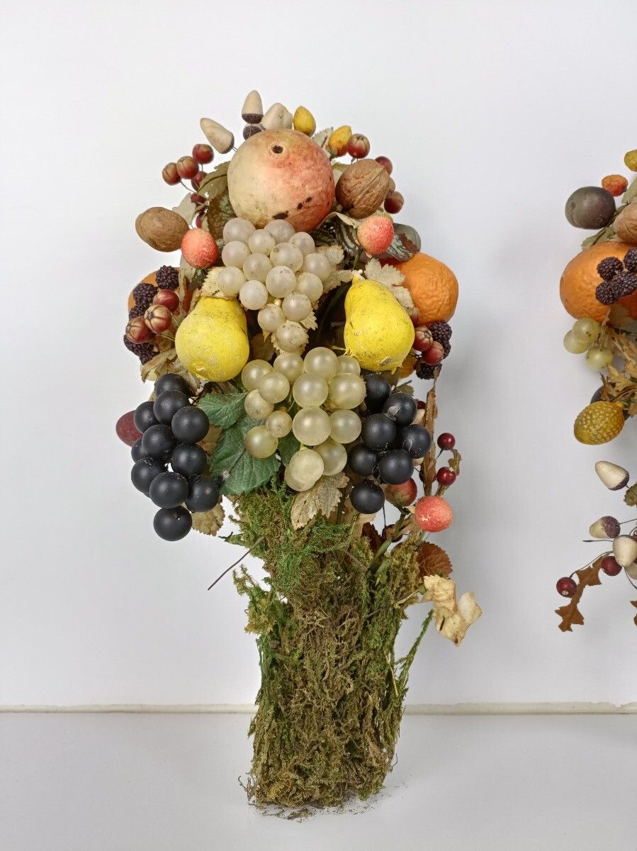 Pair Antique Hand Blown Fruit  Art Glass Boucquets Delicate Rare Centerpiece Dec photo 283.0