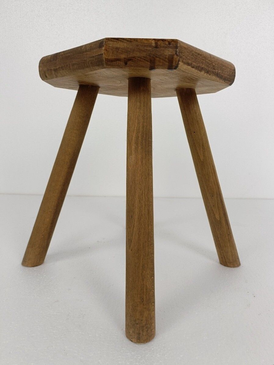 Hand Carved Wood Milking Stool Pedestal Table Pedestal Barn Style Funky 4 Legs P photo Furniture