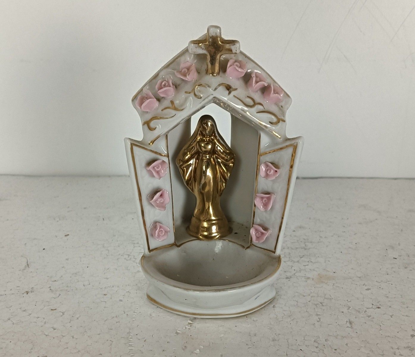 Beautiful Antique Standing Porcelain Holy Water Font Porcelain Madonna Pink Flow photo vinterior