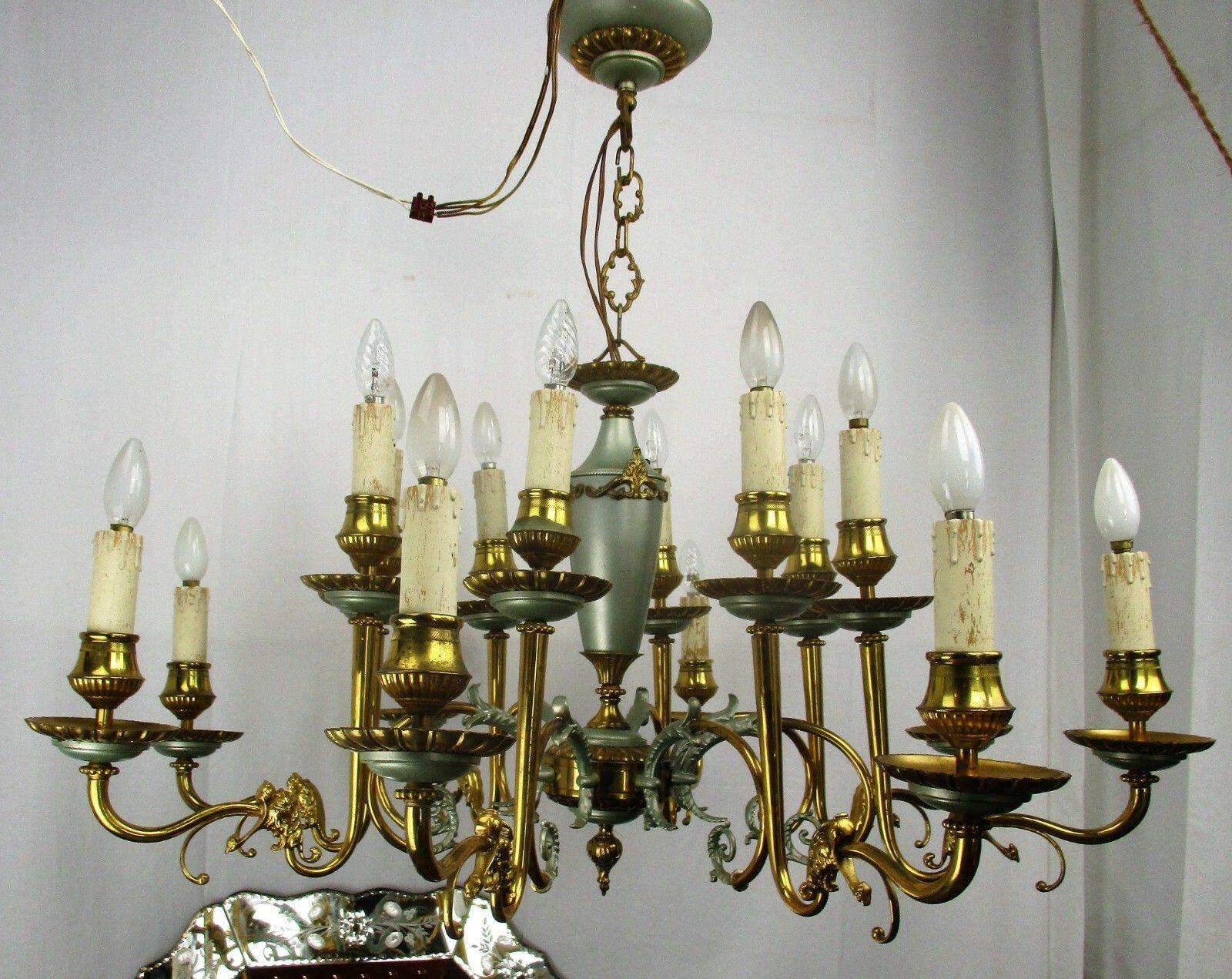 French Empire Chandelier Green Pale Tole Bronze Brass 16 Lights!! Roaring Lions photo Lighting