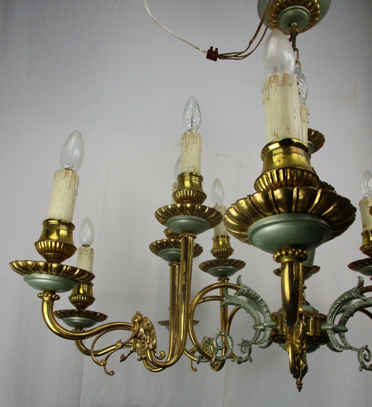 French Empire Chandelier Green Pale Tole Bronze Brass 16 Lights!! Roaring Lions photo vintage