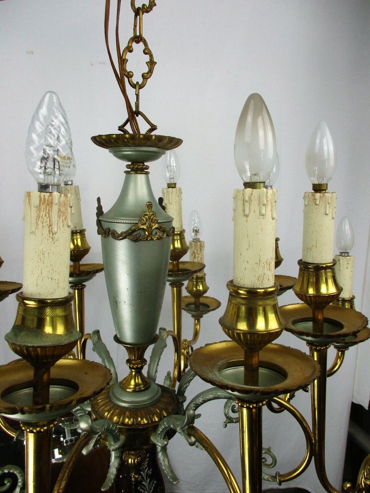 Lighting French Empire Chandelier Green Pale Tole Bronze Brass 16 Lights!! Roaring Lions photo