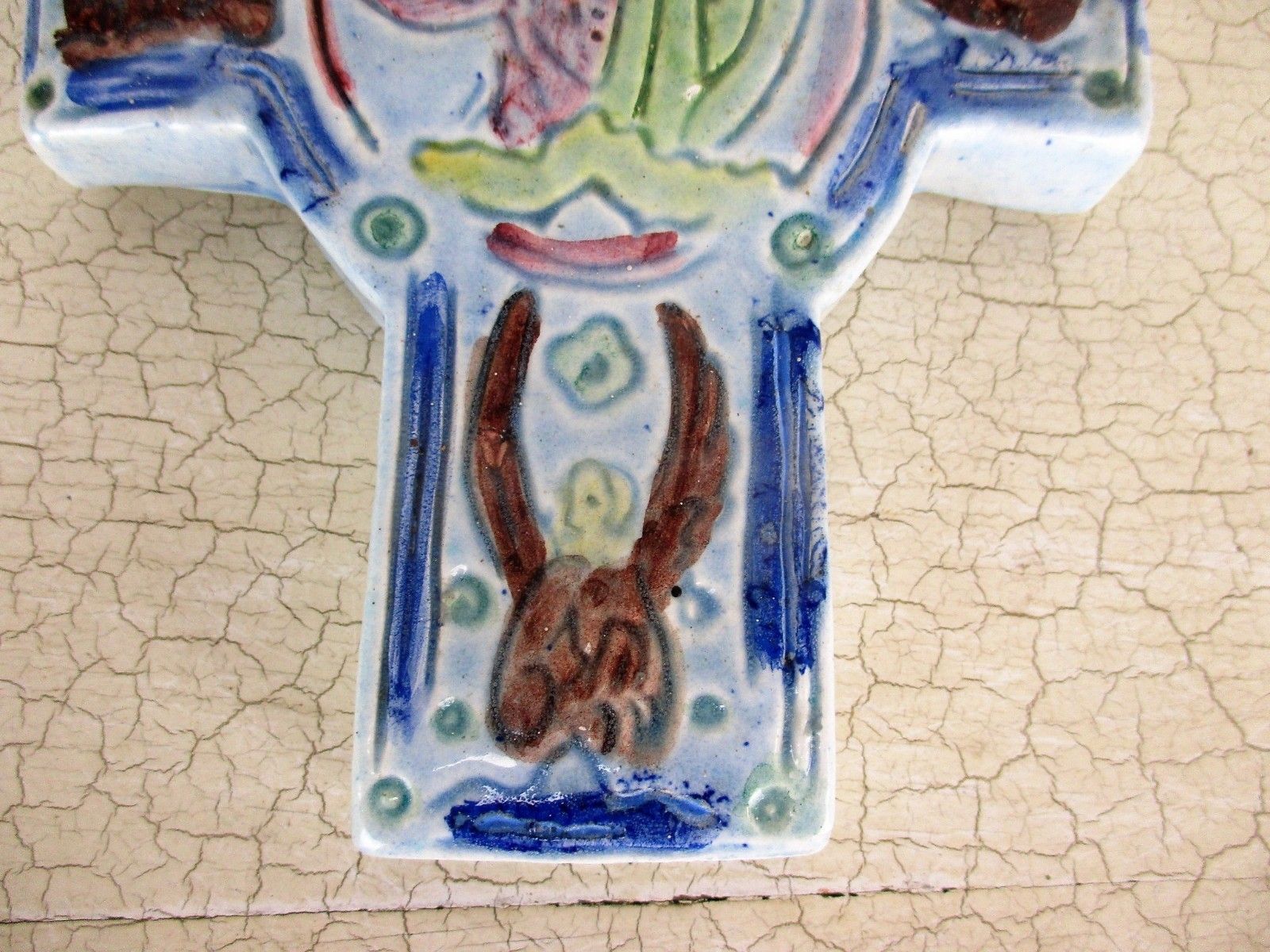 French Wall Hanging Crucifix Ceramic Mid Century Modernist  Evangelists Htf photo Art