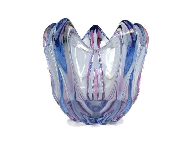 Gorgeous Bowl Dish Centerpiece Vase Purple Blue Cranberry Art Glass Murano Italy