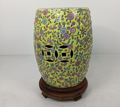 Chinese Family Rose Porcelain Yellow Vintage Garden Stool Seat On Wooden Base Go photo 360.0