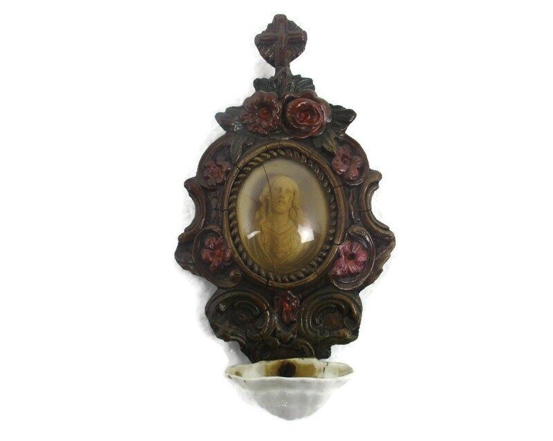 Antique  Holy Water Font Vessel Black Forest Ornate Wood Hand Carved  Pink Flowe