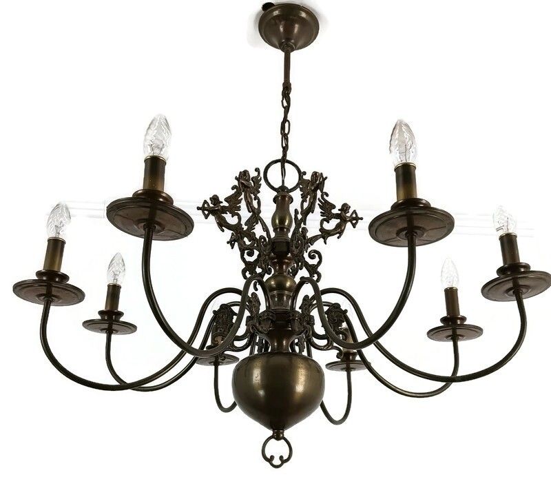 Exquisite Flemish Dutch Chandelier Brass Cupids Lovely 8 Lights Arm Farmhouse St
