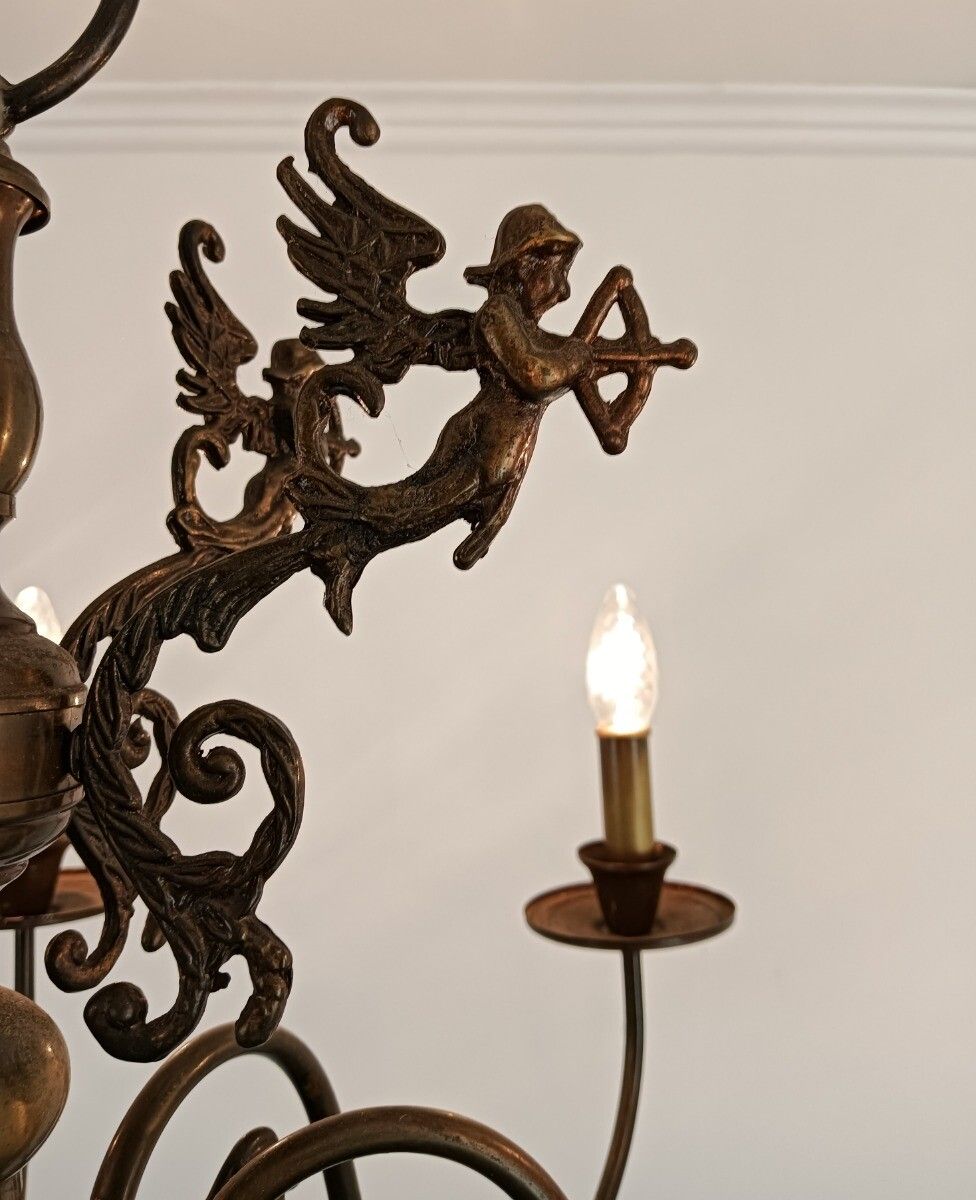 Exquisite Flemish Dutch Chandelier Brass Cupids Lovely 8 Lights Arm Farmhouse St photo vintage