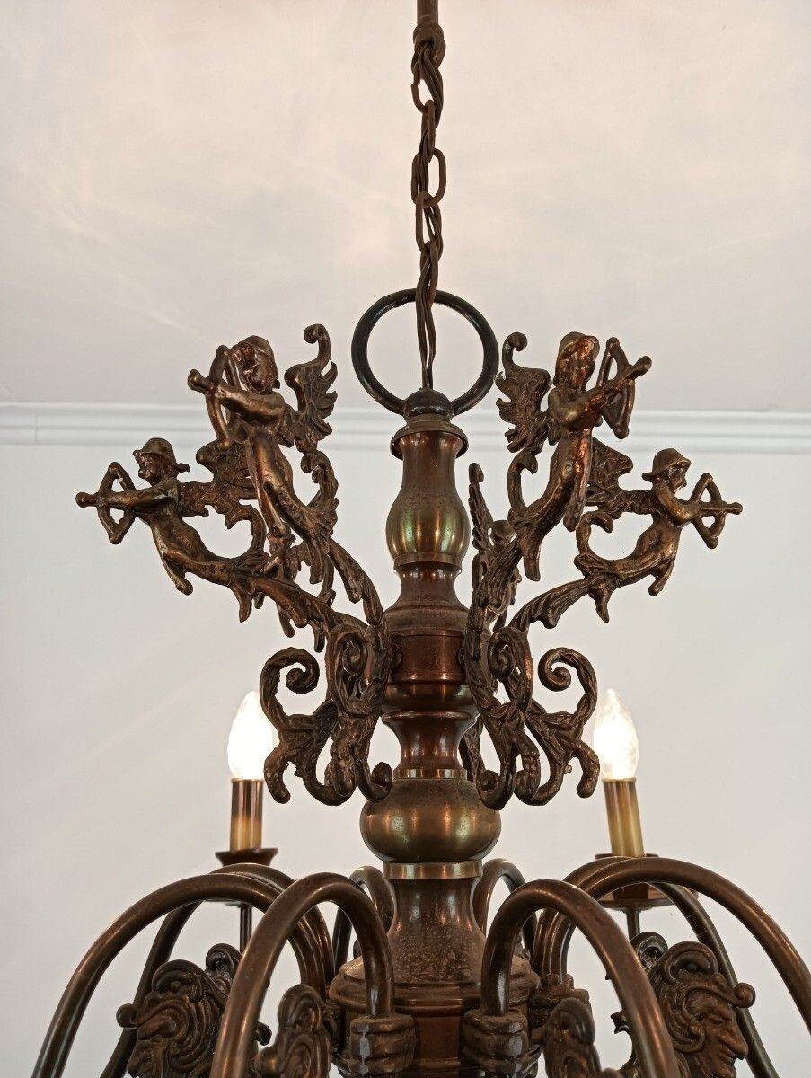 photo for sale Exquisite Flemish Dutch Chandelier Brass Cupids Lovely 8 Lights Arm Farmhouse St