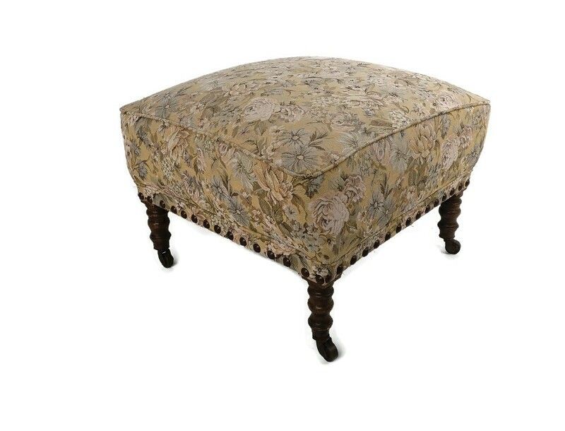 Large Antique Footstool Wood On Wheels Fabric Footrest Pouf Ottoman Hobnails
