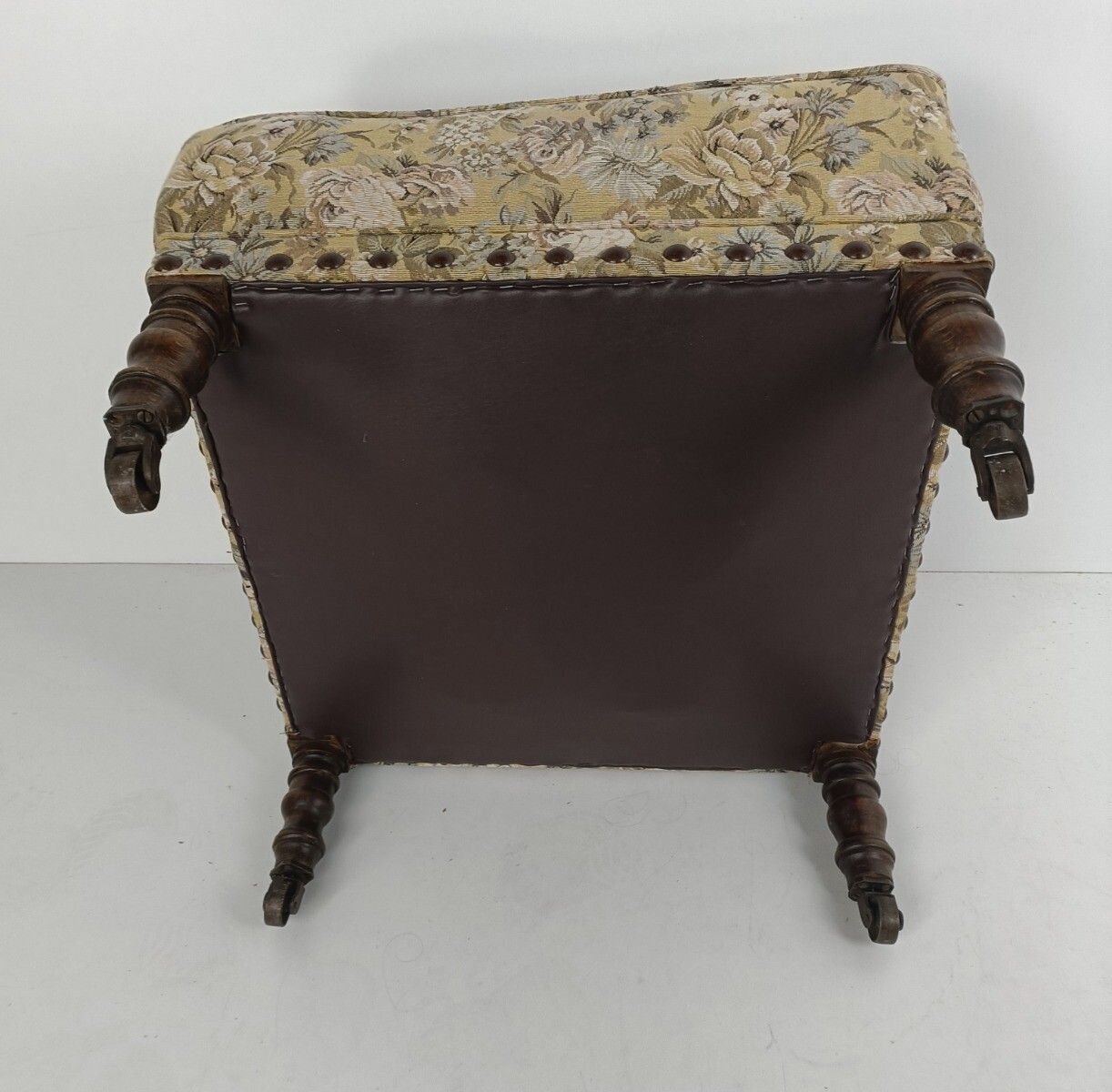 Large Antique Footstool Wood On Wheels Fabric Footrest Pouf Ottoman Hobnails photo vintage