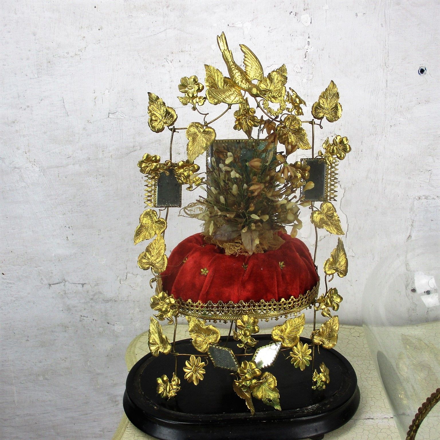 Antique Victorian French Bridal Wedding Dome Gold Gilt Leaves Ormolu Birds 19thc photo Home Decor