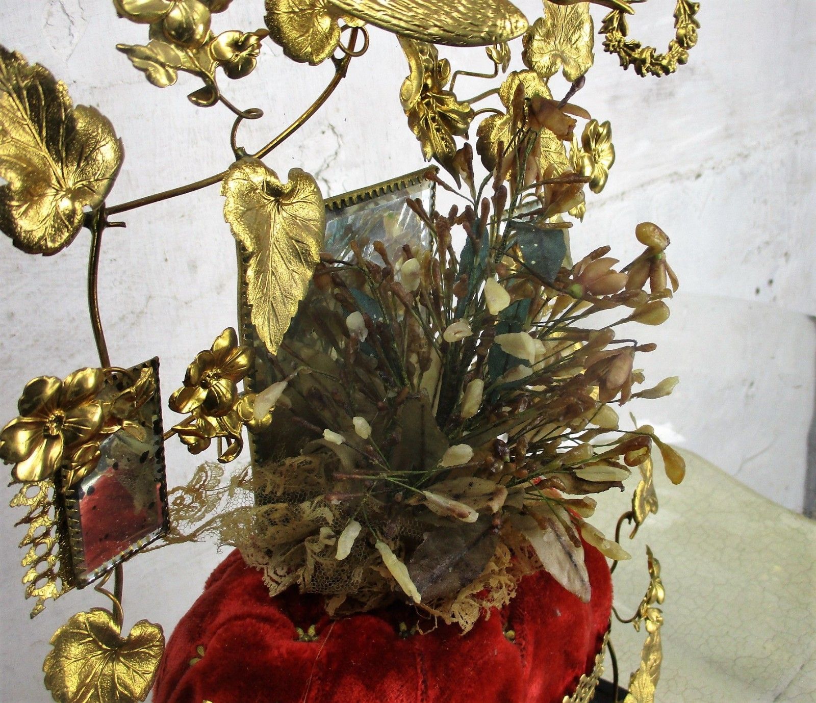 Antique Victorian French Bridal Wedding Dome Gold Gilt Leaves Ormolu Birds 19thc photo vintage