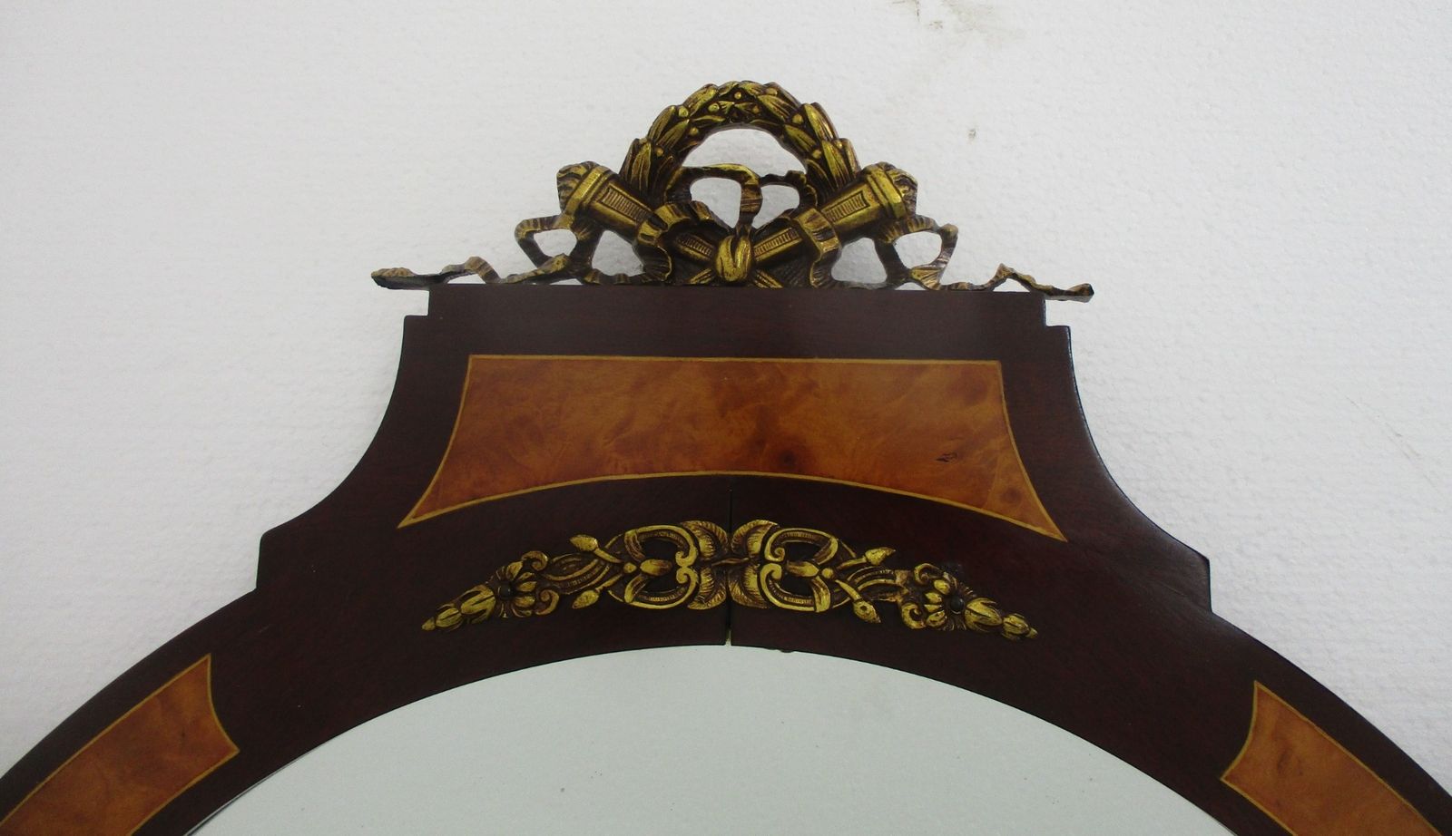 Large Ornate Oval Wall Hanging Mirror Medallion Marquetry Wood Beveled Glass Wow photo for sale