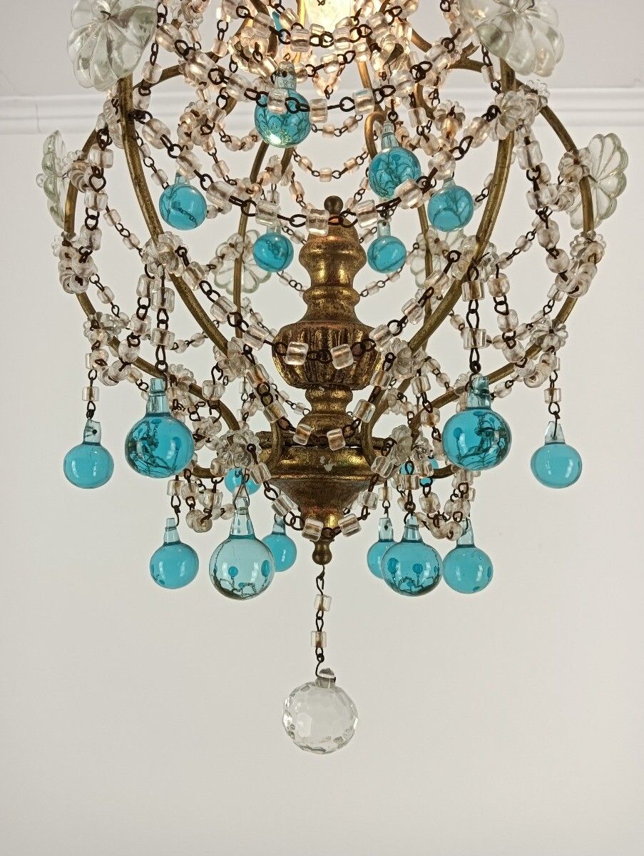 Vintage Florentine Wooden Italian Chandelier Crystal Azuro Clear Prisms 1 Light photo vinterior