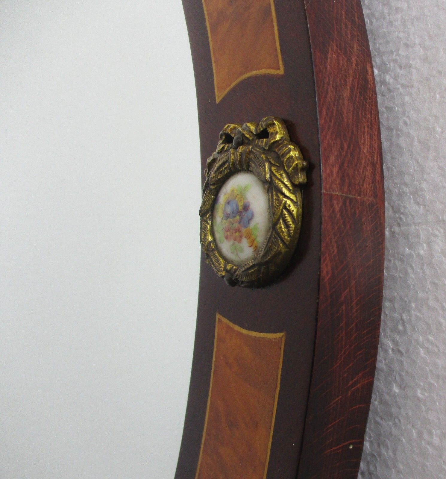 Large Ornate Oval Wall Hanging Mirror Medallion Marquetry Wood Beveled Glass Wow photo vintage