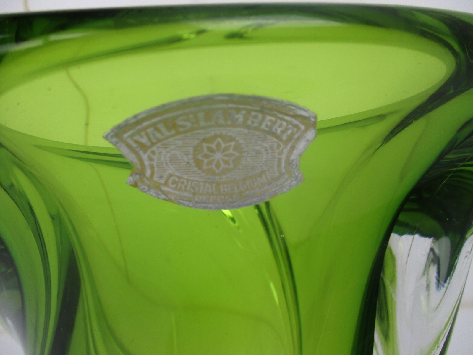 Art Deco Heavy Art Glass Vase Val St Lambert Twisted Glass Green Antique Marked photo for sale