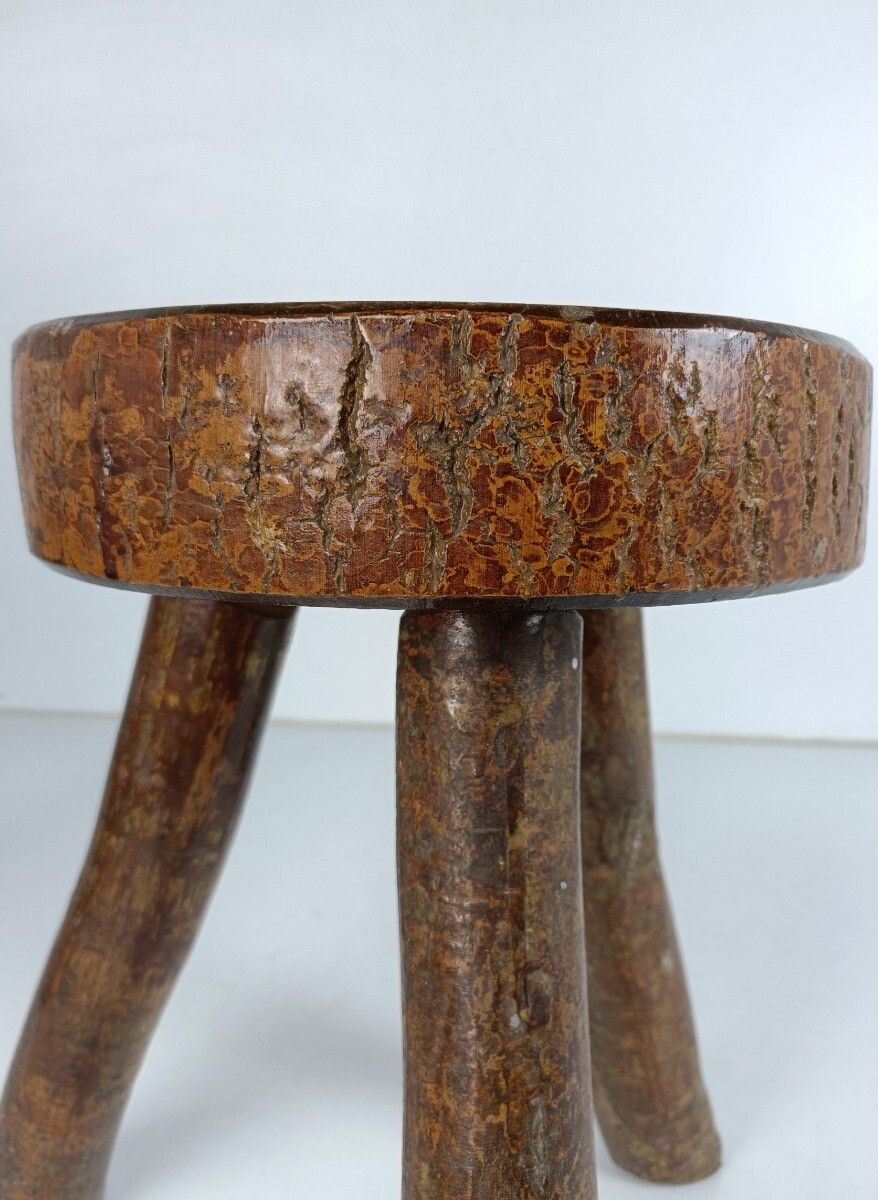 Antique Hand Carved Wood Milking Stool Pedestal Table Pedestal French Brutalist photo buy
