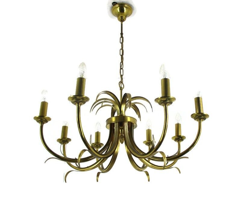 Hollywood Regency Chandelier 8 Arm Lights Pine Aplle Leafs Brass Beautiful Vtg