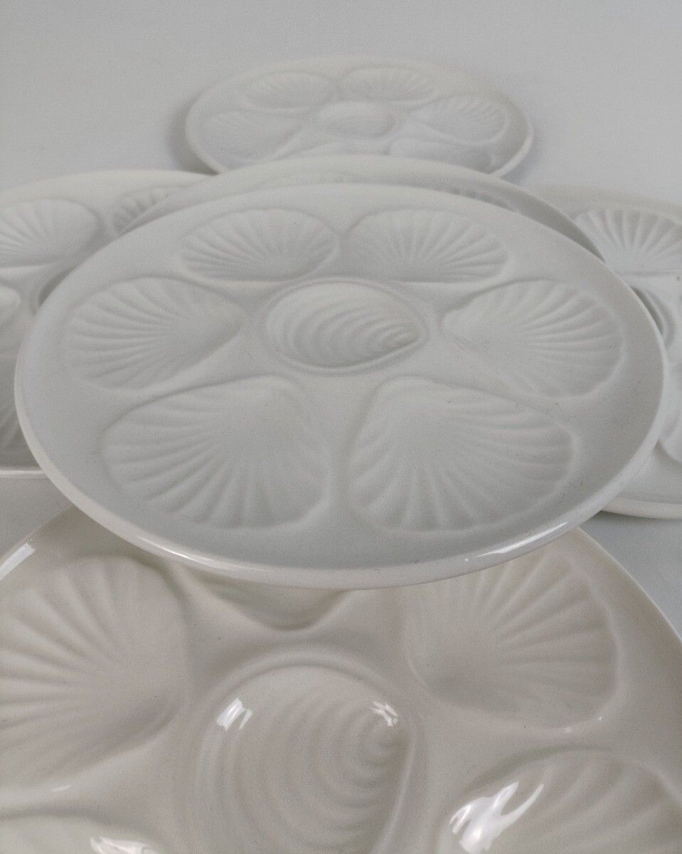 Set Of 6 French Oyster Fish Seafood Plates Porcelain Faience White Stylish  Vint photo for sale