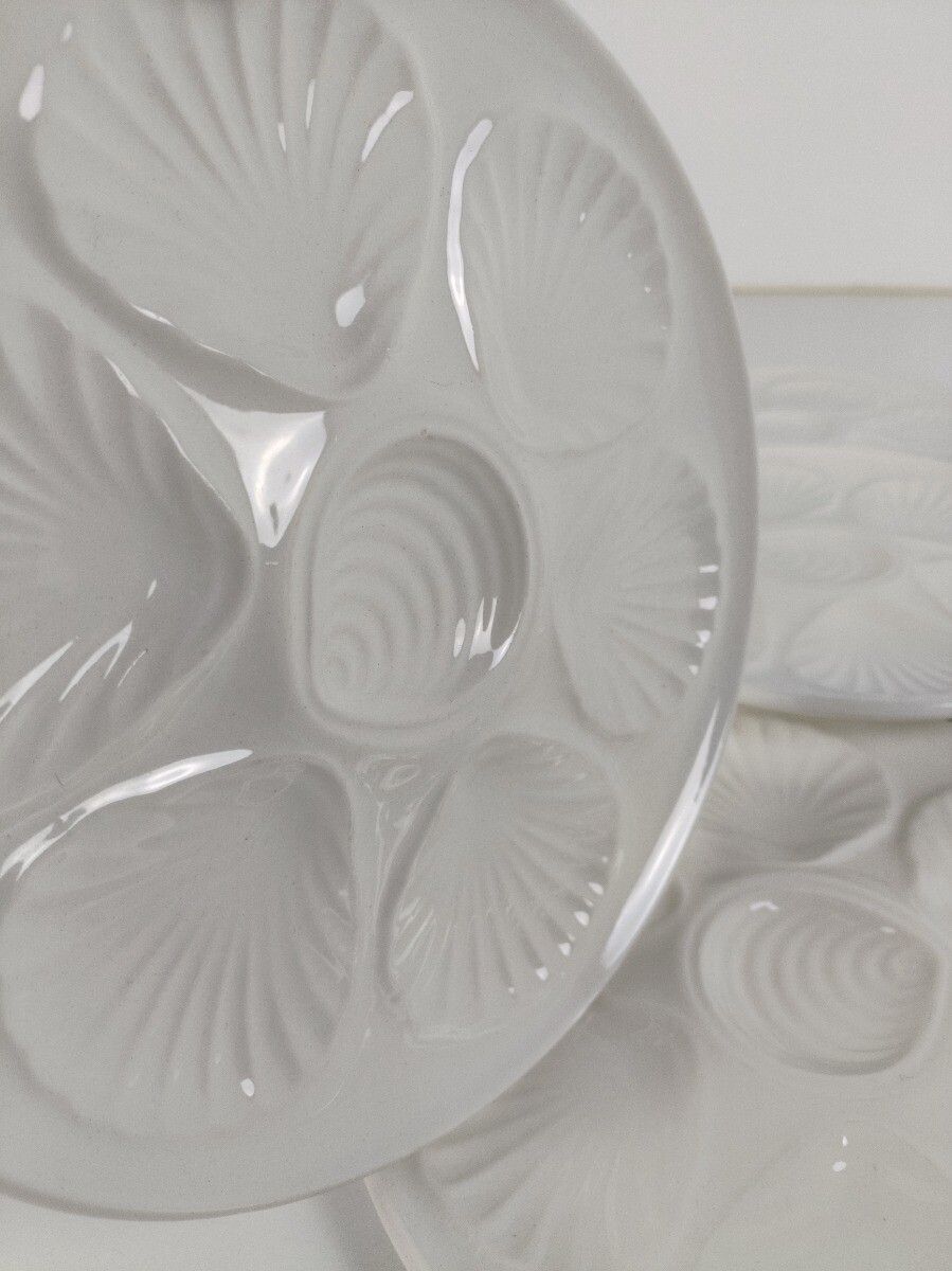 Set Of 6 French Oyster Fish Seafood Plates Porcelain Faience White Stylish  Vint photo 182.0
