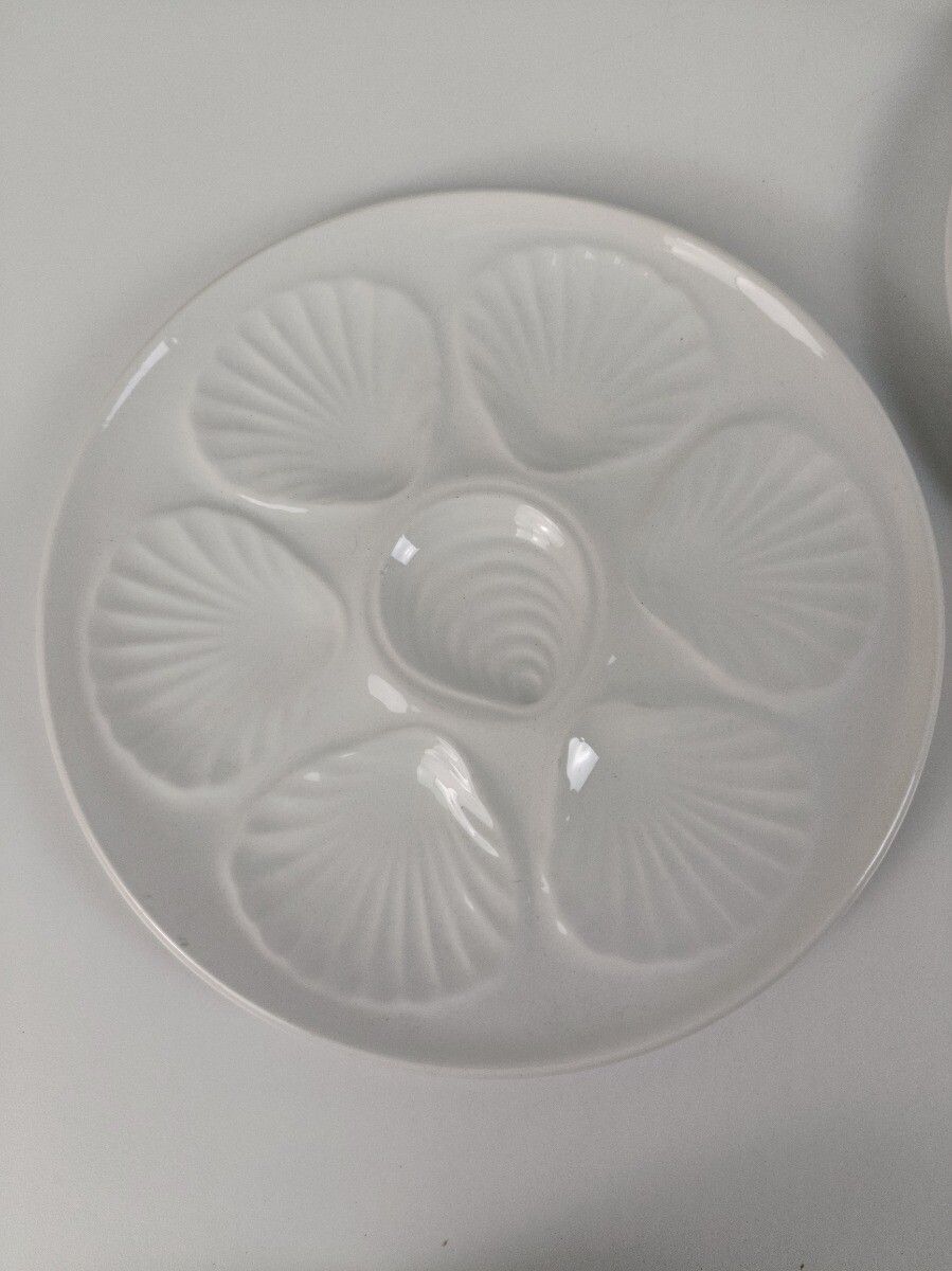 Set Of 6 French Oyster Fish Seafood Plates Porcelain Faience White Stylish  Vint photo vinterior