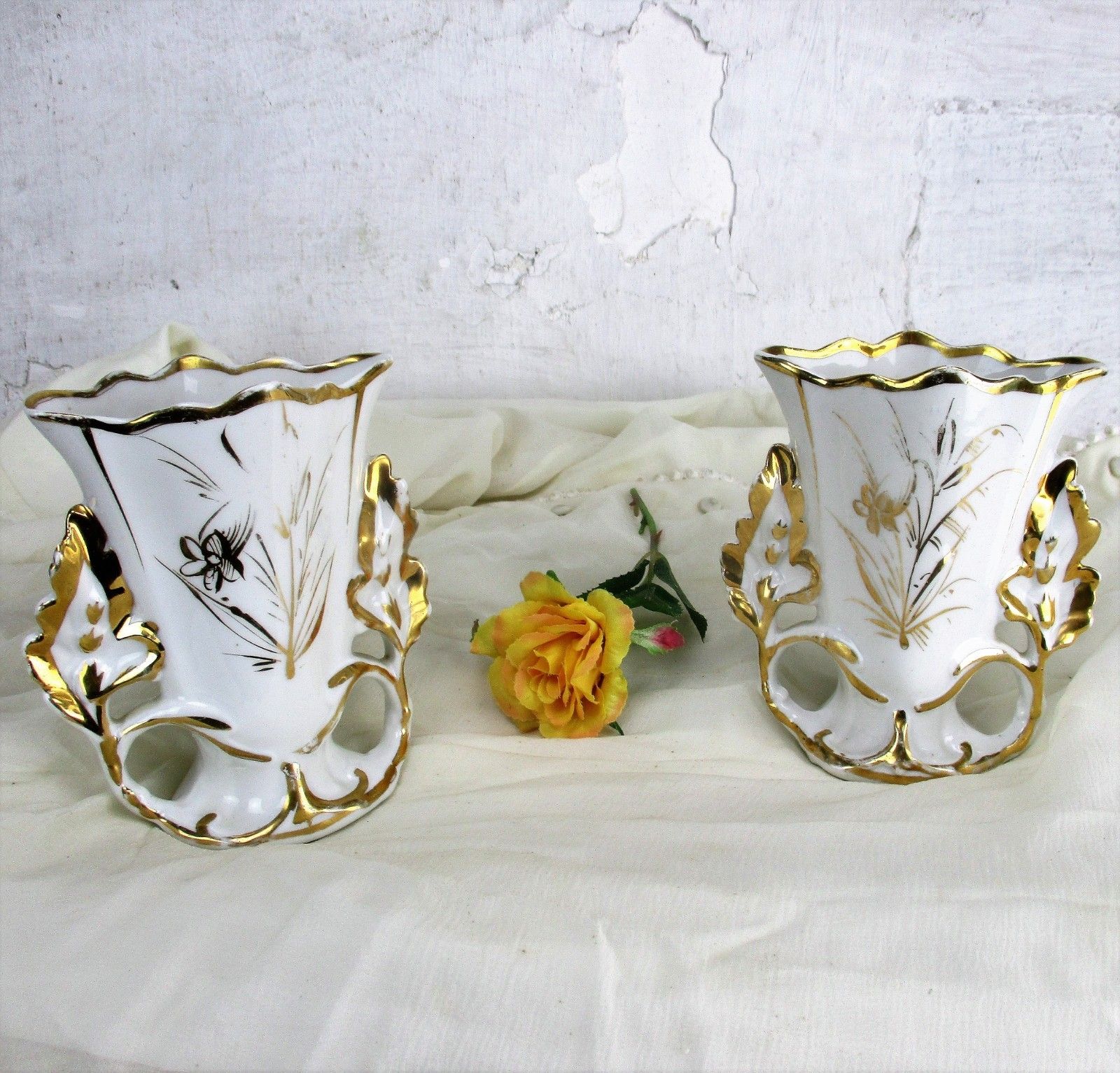 Lovely Couple Antique Limoges Guerin Porcelain Fan Flair Bridal Vases Beautiful photo furniture