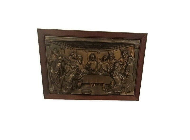 High Relief Brass  Gorgeous Framed  Jesus Christ Last Supper Iconic  Large 3d