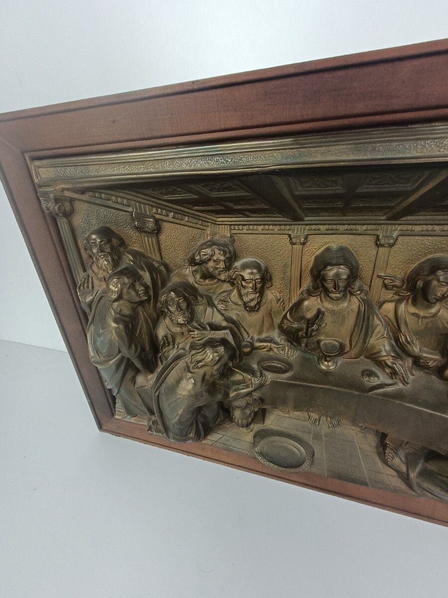 High Relief Brass  Gorgeous Framed  Jesus Christ Last Supper Iconic  Large 3d photo for sale