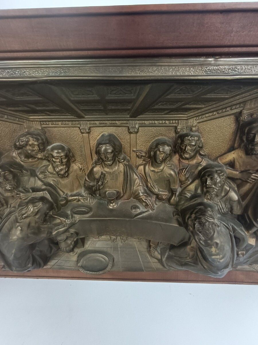 High Relief Brass  Gorgeous Framed  Jesus Christ Last Supper Iconic  Large 3d photo 146.0