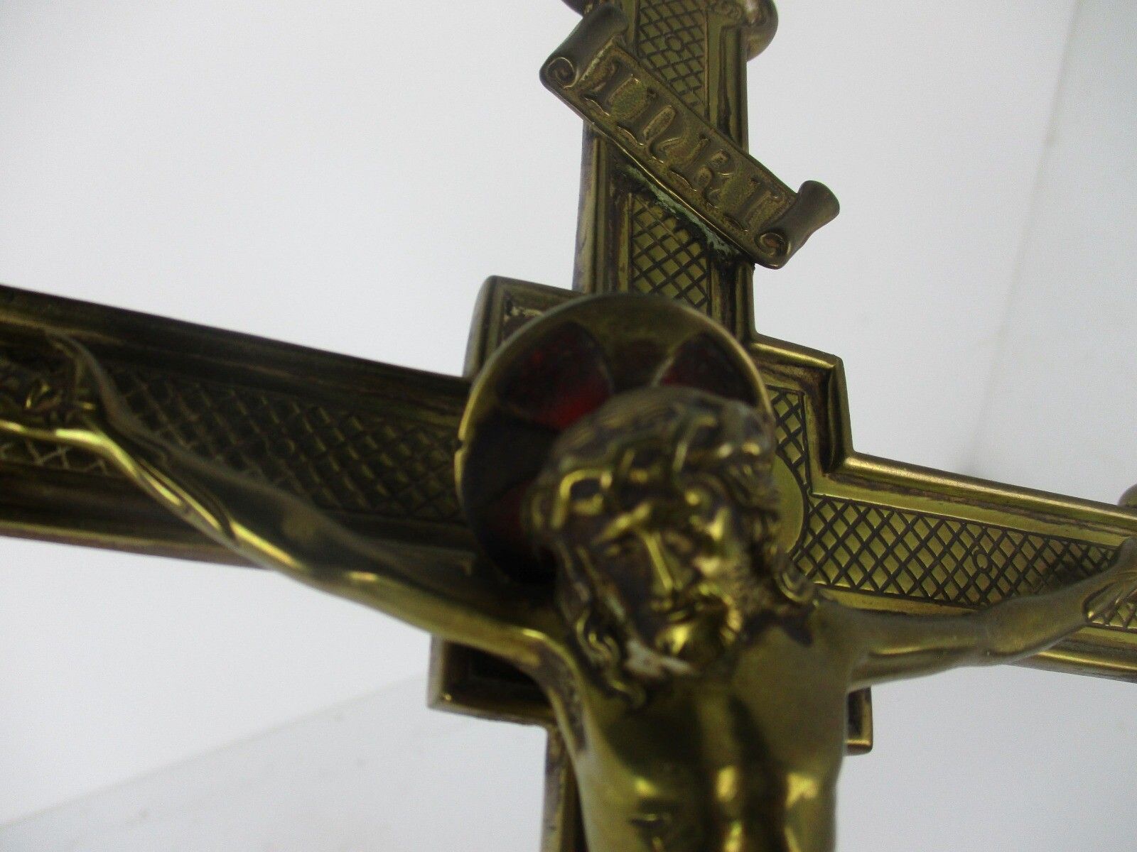 French Standing Altar Church Chapel Crucifix Cross Ornate Brass Enamel Fleur De photo for sale