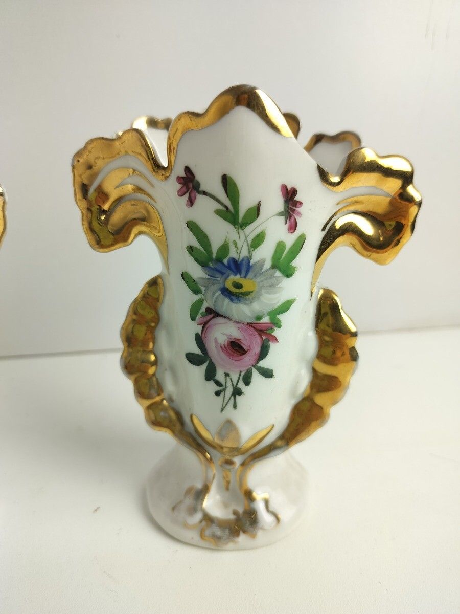 Small Lovely Couple Antique French  Porcelain Fan Flair Bridal Vases  Hand Paint photo for sale