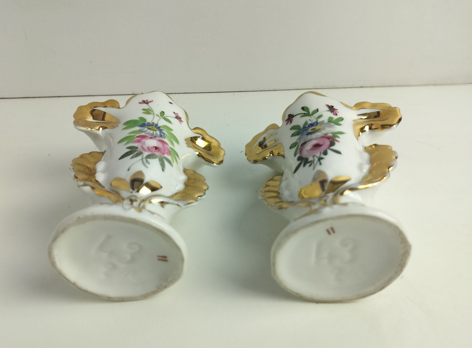 Small Lovely Couple Antique French  Porcelain Fan Flair Bridal Vases  Hand Paint photo vintage