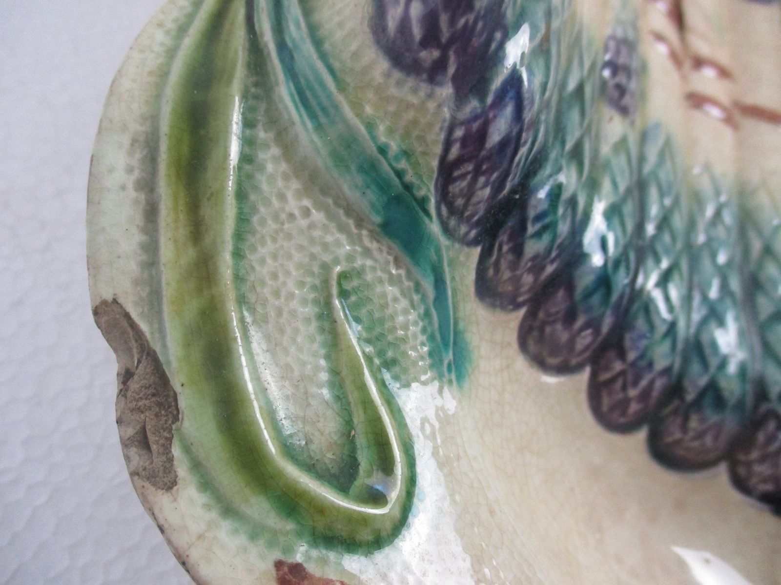 Antique French Majolica Artichoke & Asparagus Serving Tray  Dish 1880s Marked photo vinterior