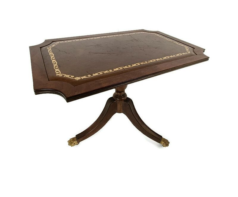 Italian Wood Faux Leather Brass Legs Coffee Wine Side Table Vintage Beautiful