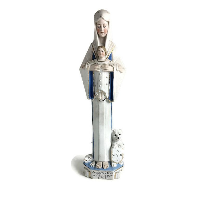 Porcelain Statue Our Lady Madonna Virgin Mary With Infant Jesus Dragon Lion Flan