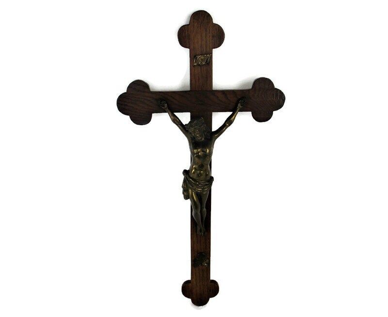 Large Hand Carved Wood  Hanging Crucifix Cross Jesus Christ Beautiful Brass  Cor