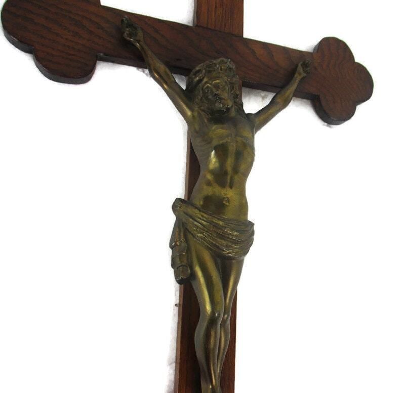 Large Hand Carved Wood  Hanging Crucifix Cross Jesus Christ Beautiful Brass  Cor photo furniture