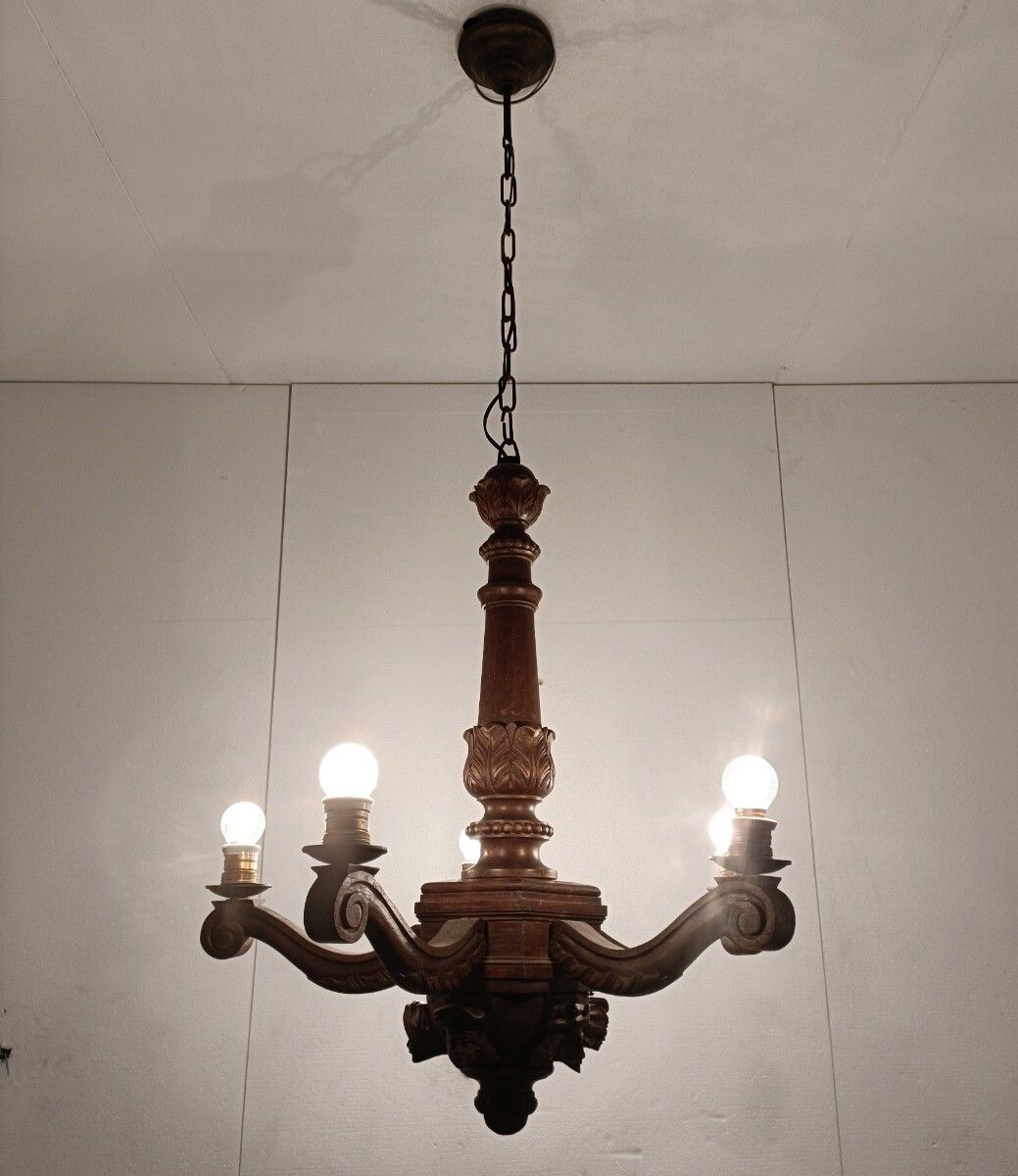 Gorgeous Hand Carved Wooden Breton Chandelier Faces Sculptures 5 Arm Lights Vint photo furniture